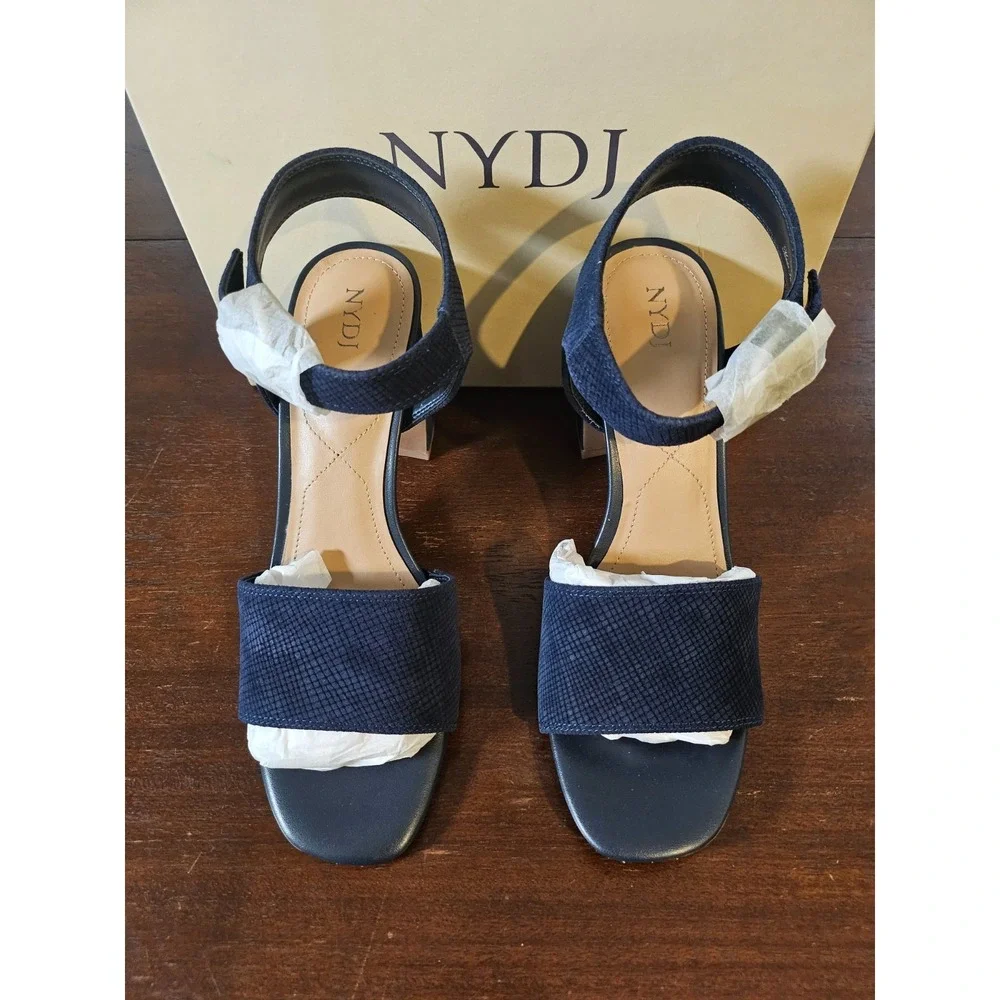 NYDJ Liz Suede Navy Blue Canvas Block Heel Ankle Strap Sandals Size 10 M New